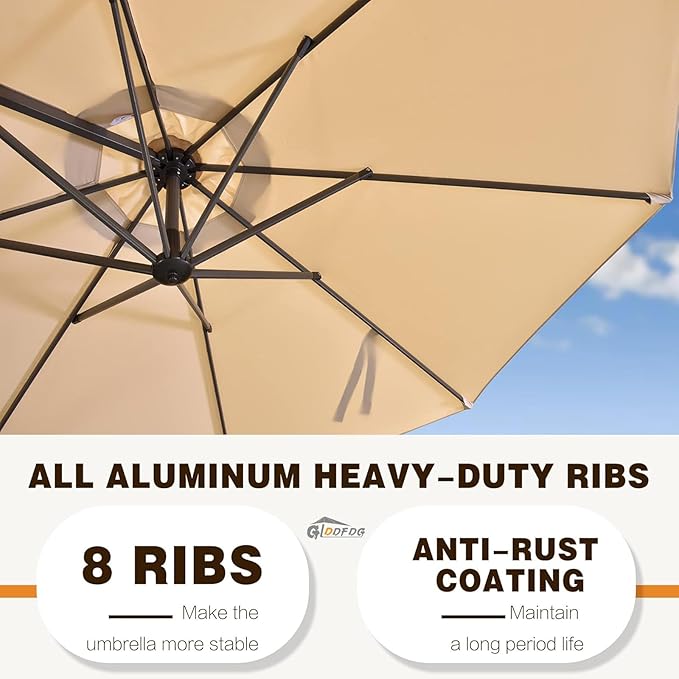 10ft Offset Hanging Market Patio Umbrella w/Cross Base, Outdoor Large Round Aluminum Cantilever Umbrella w/Easy Tilt Adjustment, Fade Resistant Waterproof 8 Ribs Canopy, for Yard, Garden & Dec