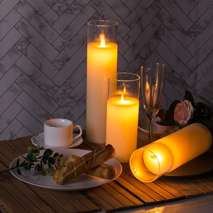 AKU TONPA Pack of 3 Flameless Candles Battery Operated Real Wax Glass Flickering LED Candle Sets with Remote Control Cycling 24 Hours Timer (3" x 8" 10" 12")