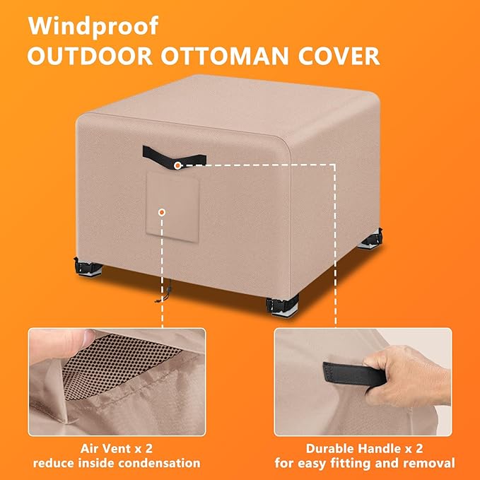 Kovshuiwe 2Pcs Outdoor Waterproof Patio Ottoman Cover 22"L x 22"W x 18"H, Patio Wicker Side Table Cover,Waterproof Square Patio Small Side Table Cover,Khaki