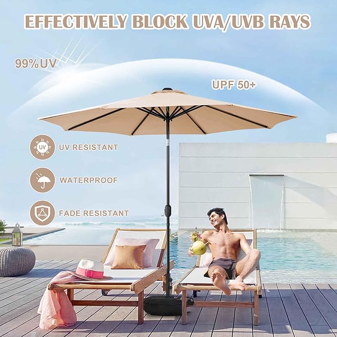 Sundale Outdoor 9FT Patio Umbrella with Sand Bag Umbrella Base, Outdoor Umbrella with Tilt and Crank, Tan