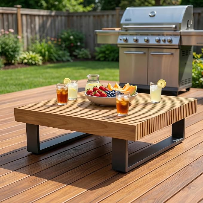 OTSUN Outdoor Coffee Table, Square Patio Dining Table with Teak Wood Slatted Top & Aluminum Frame Low Profile Patio Table for Backyard Poolside Balcony