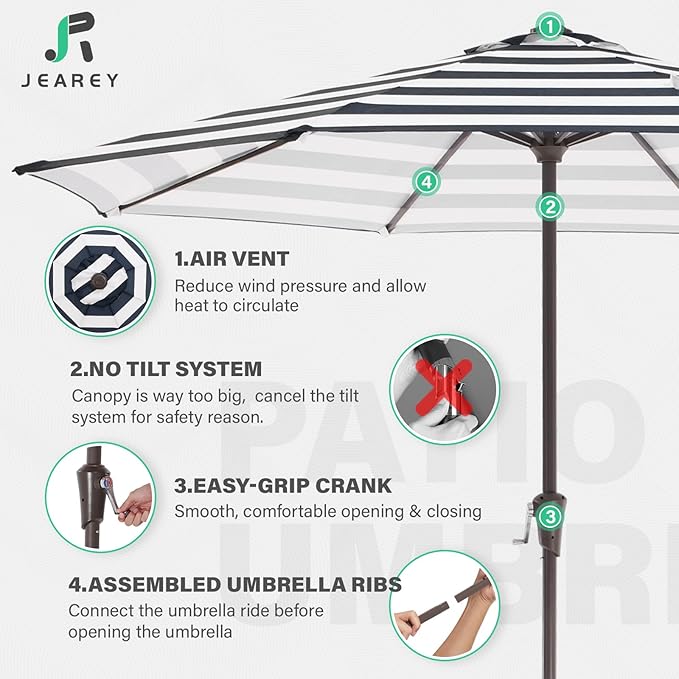 JEAREY 11' Patio Umbrellas Outdoor Table Market Umbrella w/Crank, 8 Sturdy Ribs, UV Protection Windproof for Garden, Deck, Backyard, Pool(Black Striped)