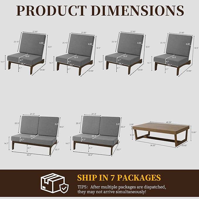 UIXE 7 Pieces All Weather Wood Patio Furniture Sets, 2 Patio Loveseat, 4 Patio Bistro Chair, Outdoor Sectional Sofa Furniture Backyard Conversation Set with Coffee Table - Grey