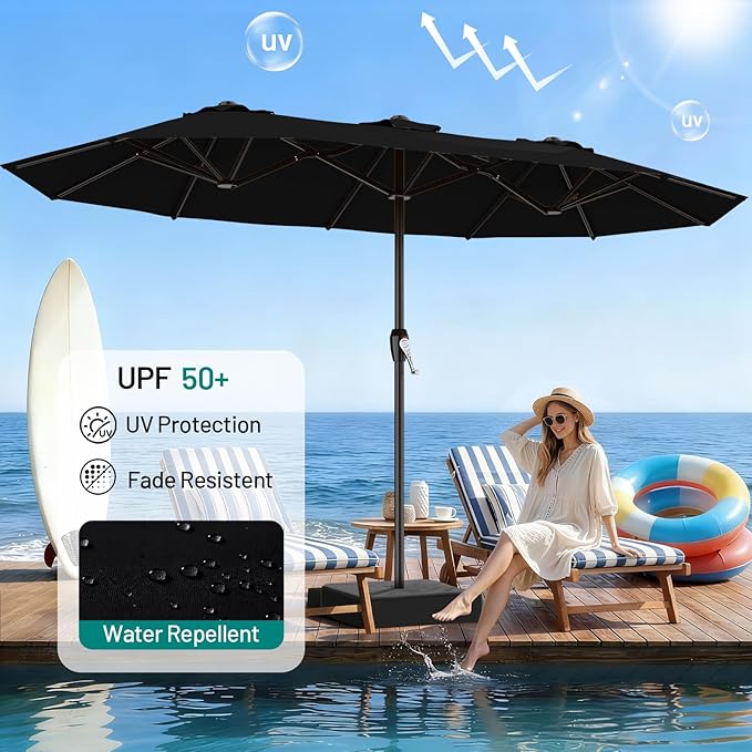 AreShark 15ft Patio Umbrella with Base, Double Sided Outdoor Umbrella with 12 Fiberglass Ribs, Large Outdoor Umbrella for Garden, Pool, Deck, Backyard & Market, Black