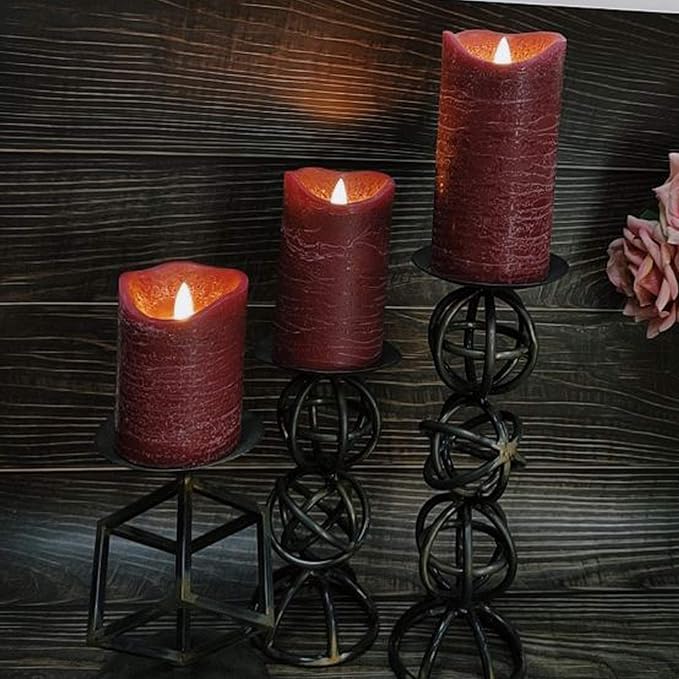 Battery Operated Flameless Led Candles Real Wax Pillar Candles with Remote Timer Electric Flickering Decorative Burgundy Wax Candles for Home Wedding Party Centerpiece Decor 3 Pack 3”X 4”, 5”, 6”