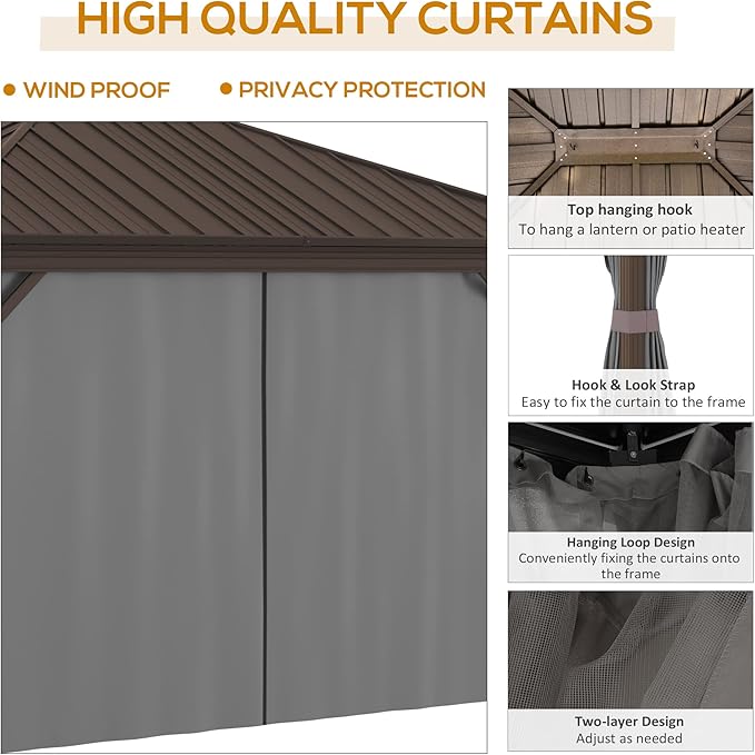 Outsunny 10' x 12' Hardtop Gazebo with Curtains and Netting, Permanent Pavilion Metal Single Roof Gazebo Canopy with Aluminum Frame and Hooks, for Garden, Patio, Backyard, Gray