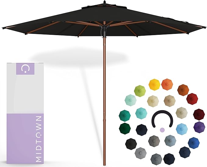 Midtown Umbrellas The Wooden 10 Feet Patio Umbrella With Sunbrella Black Acrylic Fabric - Aluminum Frame Market Umbrella For Backyard, Deck, Garden, Pool - Wooden Pole