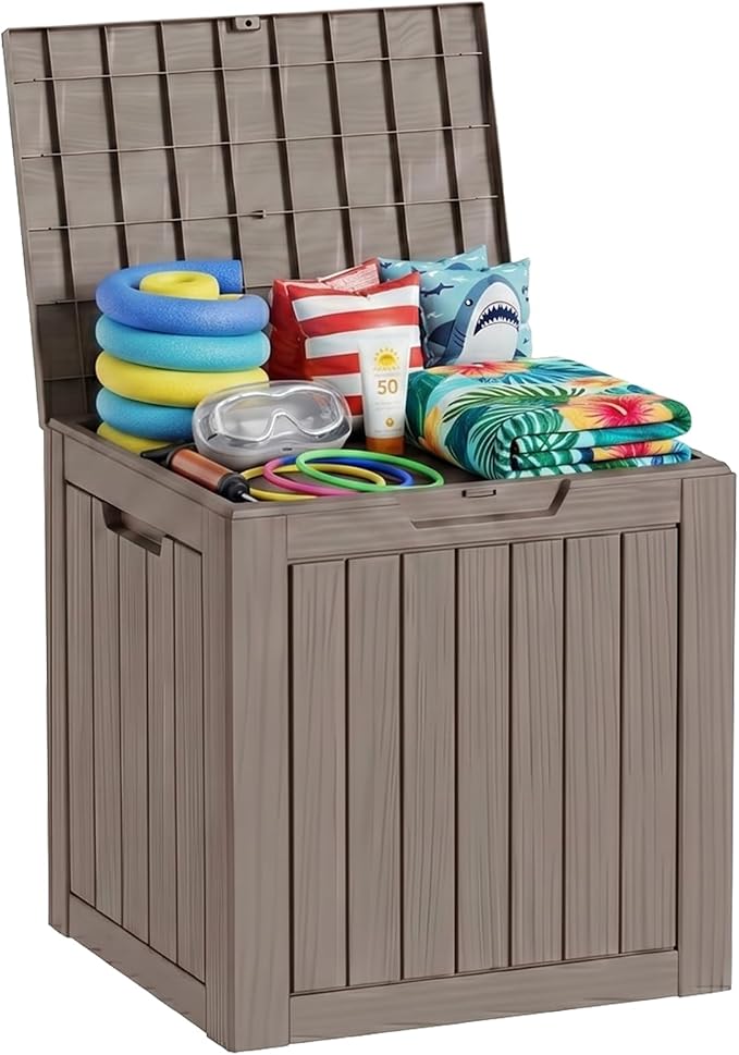 35 Gallon Deck Box Outdoor Waterproof, Resin Storage Box Outdoor Lockable, Multipurpose Outside Container for Patio Cushions, Garden Tools & Package Drop, UV & Fade Resistant, Brown