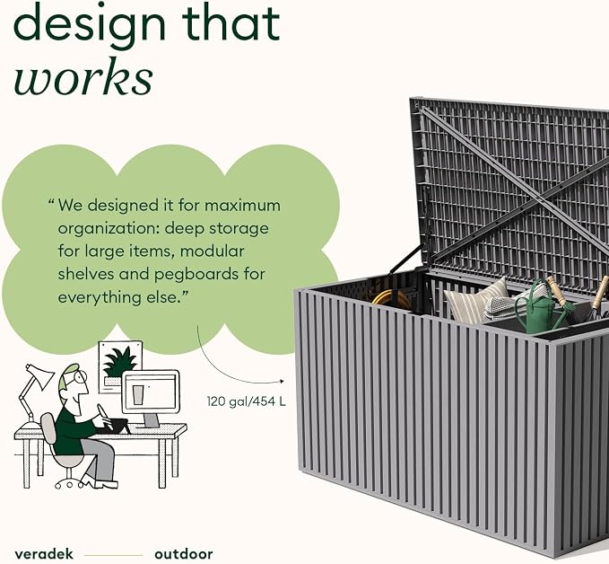 Veradek Everything Deck Box 120 Gallon | Lockable Storage Box and Organization for Patio Furniture, Outdoor Cushions, Throw Pillows, and Garden Tools