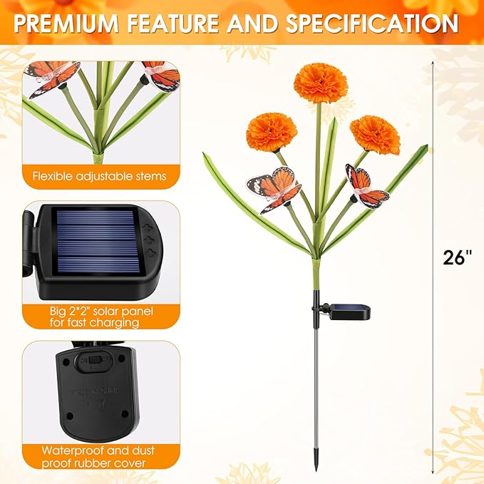 Solar Flowers Outdoor Waterproof, Unique Solar Powered LED Marigold Stake Lights with Monarch Butterflies for Flower Pot, Yard, Lawn, Garden, Outside, Cemetery, Day of The Dead Grave Decor(3 Pack)