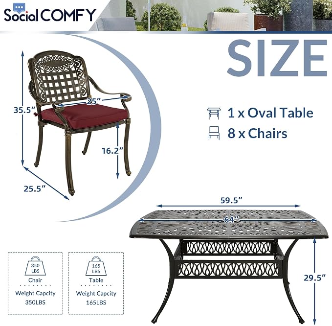 9-Piece Patio Cast Aluminum Dining Set, Outdoor Table and Chairs Set for 8, Includes 64" Large Square Dining Table and 8 Cushioned Chairs with Umbrella Hole for Backyard Lawn Garden, Red
