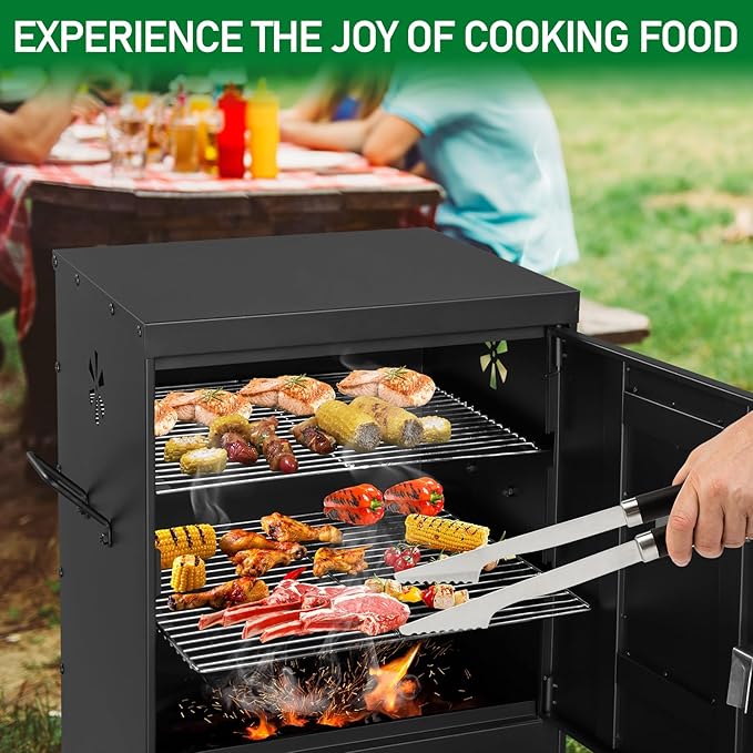 Vertical Charcoal Smoker with Double Doors & 2 Detachable Grill Racks – Outdoor BBQ Smoker Oven with Adjustable Air Vents, Thermometer & Water Pan – Heavy-Duty Camping/Backyard Grill (40.5x39x