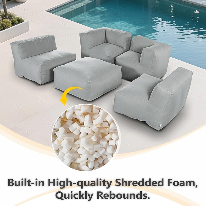 Patio Furniture Set, 5 Pcs Outdoor Conversation Set with Bean Bag Middle Chairs, Corner Chair, Ottomans, Modern Foam Couch Set for Garden, Deck, Balcony (5, Light Gray)