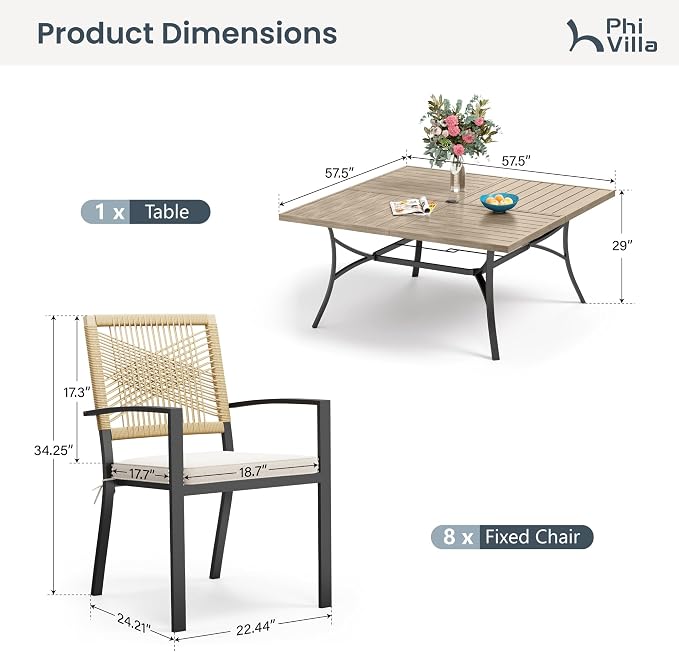 PHI VILLA 9pc Patio Dining Set, 57" Square Table, Wicker Chairs | Outdoor Dining Set for 8, Square Wood-like Patio Dining Table Set with Patio Wicker Chairs for Garden, Porch, Deck