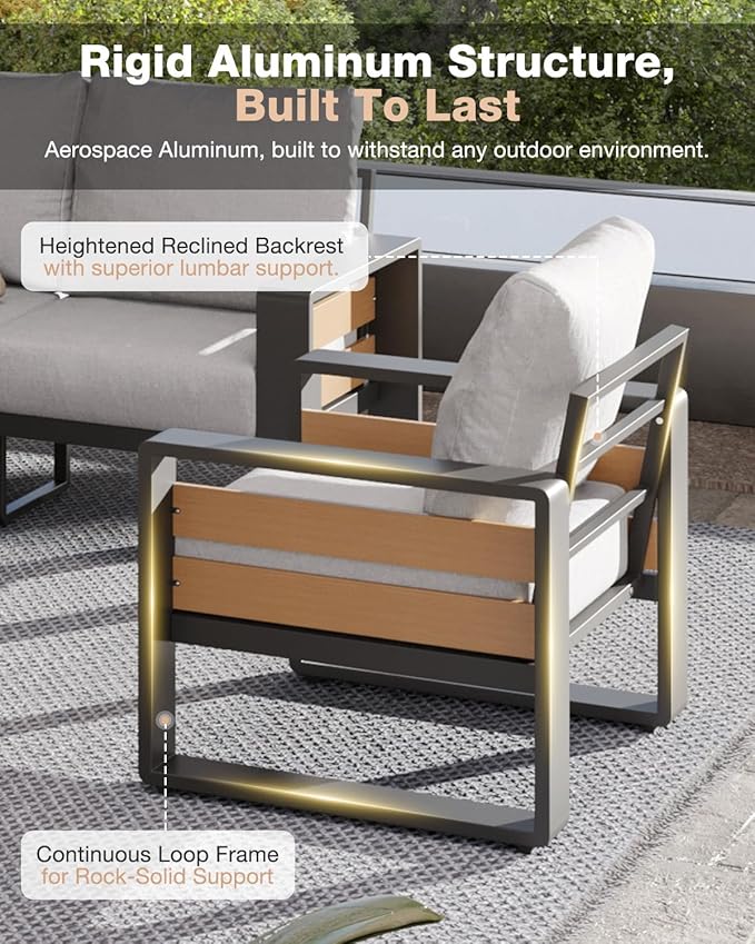Aoxun Aluminum Patio Furniture Set with Fire Pit Table, 5 Seats Luxury Outdoor Sectional with 6" Olefin Fabric Cushions, Patio Conversation Sets with Outdoor Sofas for Backyard, Deck Light Grey