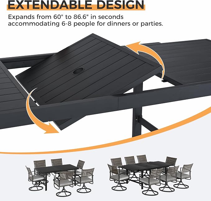 HAPPATIO Outdoor Expandable Dining Table, Aluminum Patio Dining Table for 4-8 Person, Powder-Coated Rectangular Table with Umbrella Hole, Perfect for Backyard, Porch, Deck