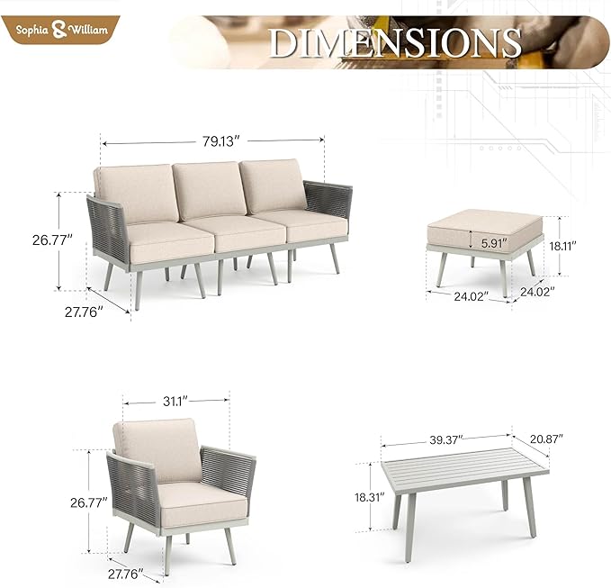 Sophia & William 8-Piece Patio Furniture Set, Outdoor Sectional Furniture with Classic Rope PE Rattan and Coffee Table, All-Weather Conversation Set with Anti-Rust Frame and Olefin Cushions