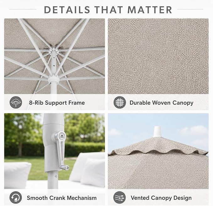 Treasure Garden 9ft Patio Umbrella - Outdoor Furniture Market Umbrella – Deluxe Auto-Tilt – White Aluminum Frame (Sunbrella, Cast Silver)