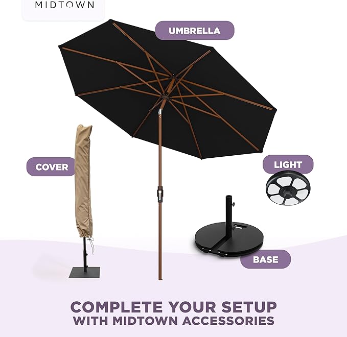 Midtown Umbrellas Wooden 2-8 Ft Patio Umbrella with 360° Swivel & Tilt Mechanism, 8 Fiberglass Ribs & Terylast Polyester Fabric for Deck, Pool, Garden & Porch - Ebony Canopy, Wooden Pole