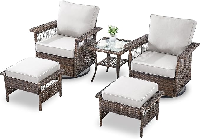 Wicker Outdoor Patio Furniture Set - 5 Piece Rattan Patio Conversation Sets with 2 Swivel Rocking Chairs,2 Ottomans and 1 Side Table for Porch Deck Garden(Brown/Beige)
