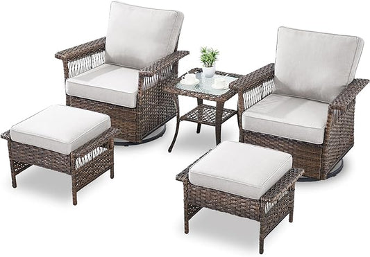 Wicker Outdoor Patio Furniture Set - 5 Piece Rattan Patio Conversation Sets with 2 Swivel Rocking Chairs,2 Ottomans and 1 Side Table for Porch Deck Garden(Brown/Beige)