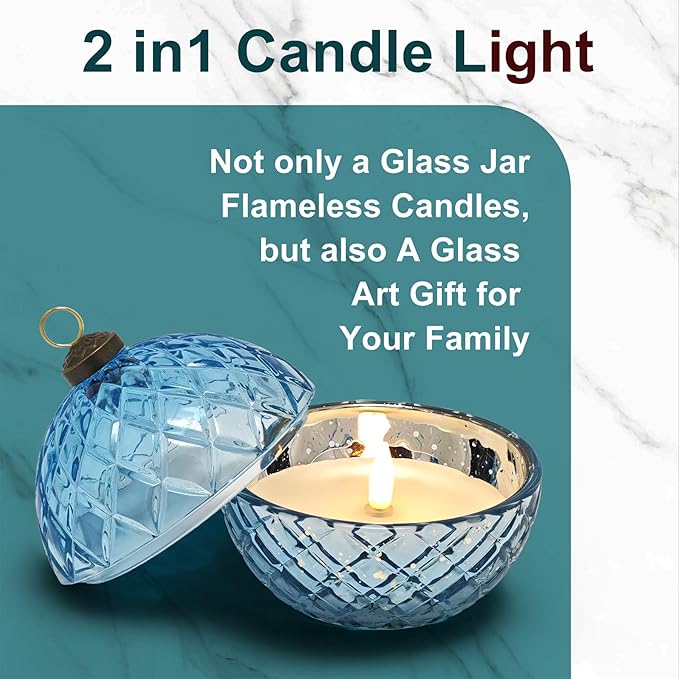 WNP Glass Flameless LED Candles Decorative Light Birthday Gift for Her,Battery Operated Flickering Electric LED Ball Candles,Jar Candle for Home with Glass Cover Gifts for Mom,Sister,Women(Blue)