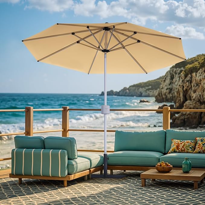 Patiowell 9 FT Motorized Patio Umbrella with Base Included, Outdoor Umbrella with Base, Detachable Power Bank Hands-Free Automation, Aluminum Frame for Backyard, Poolside, Outdoor Dining, Beige
