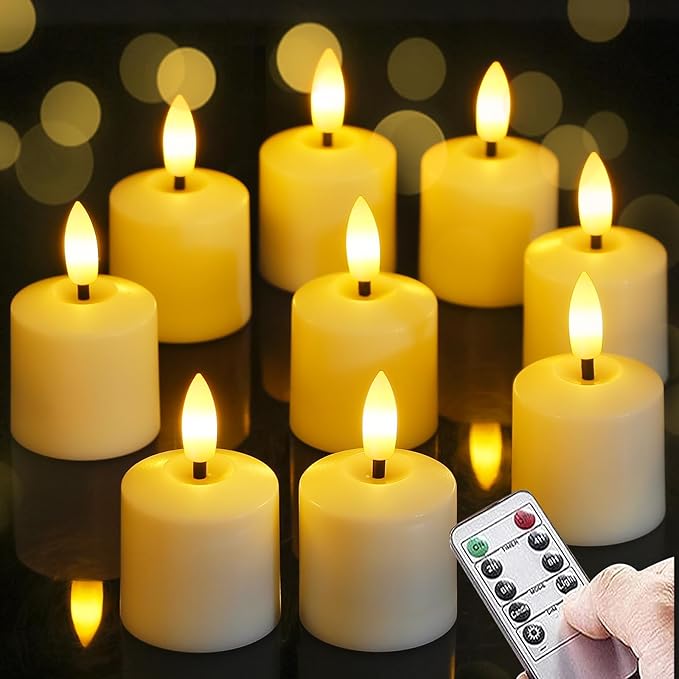 Small Flickering Tea Light Flameless Candles with Battery and Remote,1.5" x2.5" Ivory LED 2/4/6/8H Timer Votive Battery Operated Pillar Plastic Long Lasting 9pcs Tealight Candles