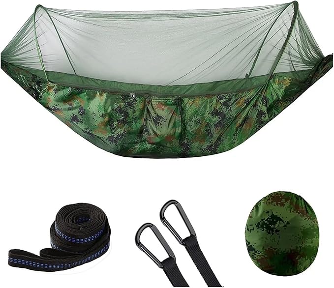 Hammock Camping Hammock with Mosquito Net Pop-Up Light Portable Outdoor Parachute Hammocks Swing Sleeping Hammock Camping Stuff Quick-Opening(Camouflage Green)