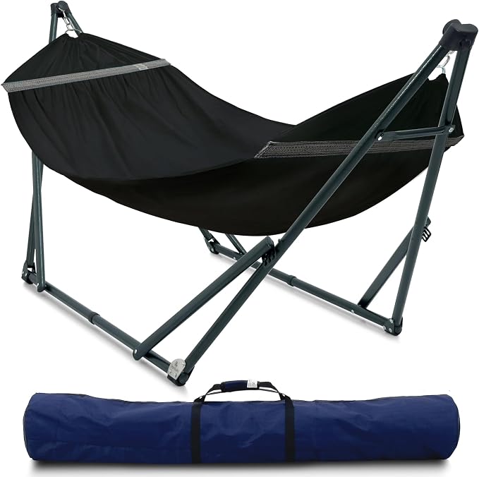 Tranquillo Ultimate Relaxation Portable Hammock Stand with Cotton Canvas Net, Spreader Bar, Quick Fold Unfold in 30 Seconds Steel Frame Hammock 600 lbs Capacity Outdoor, Black