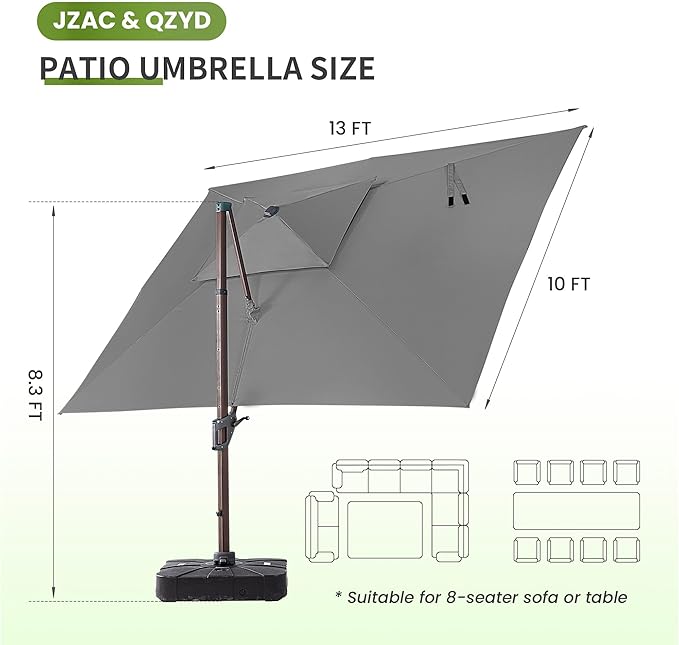 JZAC & QZYD 10X13 FT Outdoor Cantilever Patio Umbrella with Base Included and LED Lights, Large Heavy Duty 2-Tier Aluminum Offset Umbrellas with 360-Degree Rotation for Pool Deck, Grey
