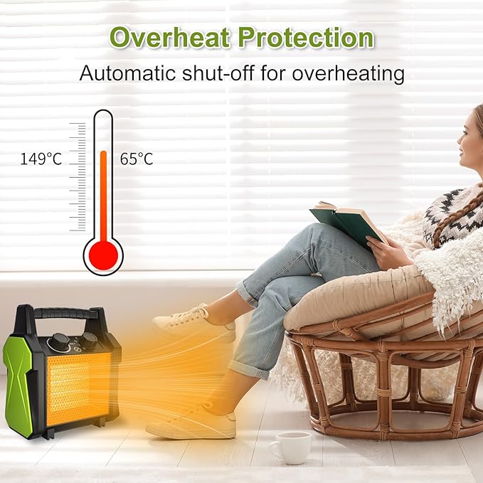 Outdoor Heater for Patio, 1500W PTC Ceramic Electric Space Heater with Overheat Protection, Safe & Fast Greenhouse Heater for Workshop, Flower Room, Camping, Green
