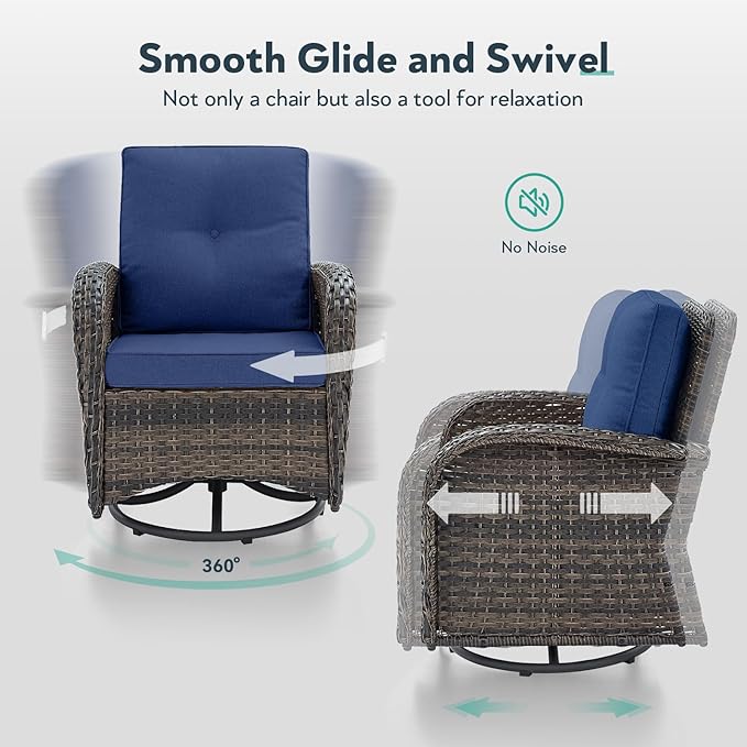 7 Piece Patio Furniture Set with Fire Pit Table - Wicker Patio Conversation Set with Swivel Glider, 3 Seat Sofa, Side Table and 2 Ottomans for Deck Backyard - Brown Wicker Blue Cushion