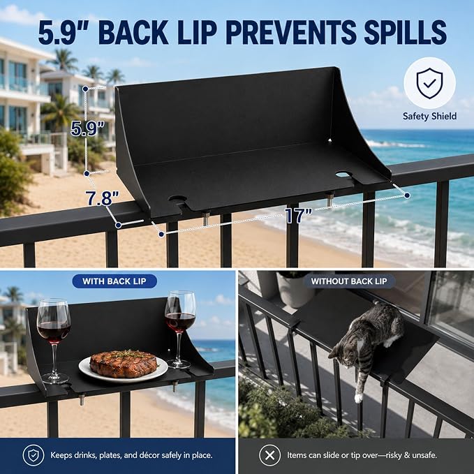 Balcony Railing Table, Clamp-On for Flat & Square Rails, Wine Glass Slots | Heavy-Duty Alloy Steel Carbon Coating, Balcony Deck Outdoor Patio, Drain Holes, Easy Installation, 17"Lx7.8"W