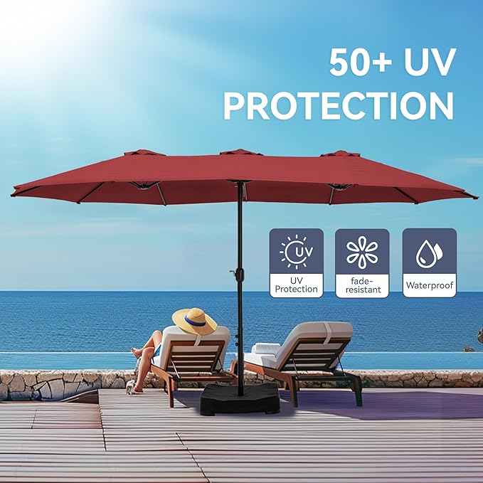 GREEN PARTY 15 ft Rectangular Patio Umbrella with Base Included, Large Double-Sided Outdoor Table Umbrella with Crank, 1.9" Pole UPF 50+ UV Resistant for Pool Deck Backyard Garden, Burgundy Red
