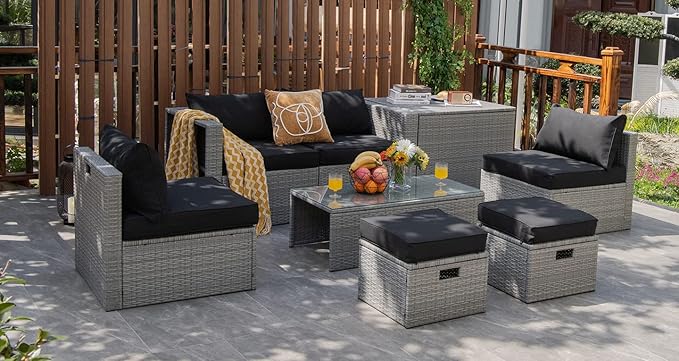 Tangkula 8 Piece Patio Wicker Furniture Set, Patiojoy Space Saving Outdoor PE Rattan Conversation Set with Storage Box & Waterproof Cover, Coffee Table, 2 Ottomans, 2 Armless Sofas & 2 Corner Sofas