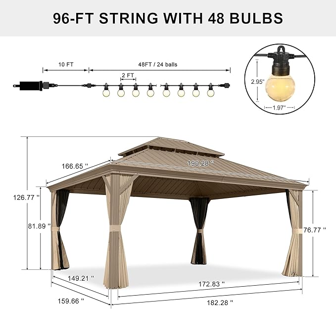 PURPLE LEAF Outdoor Gazebo 14'X16'，Champagne Hardtop Gazebo with Galvanized Steel Double Roof, Permanent Patio Gazebo with Curtains and Netting for Patio Lawn Garden and Deck