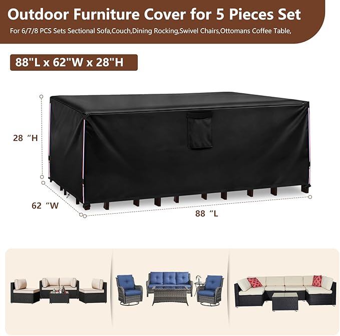 Patio Furniture Covers Waterproof,Heavy Duty Outdoor Furniture Covers, Rectangle Patio Table Cover Fits 5-8Piece Sectional Set Outdoor Chair Couch Table Sets (88" L x 62" W x 28" H)