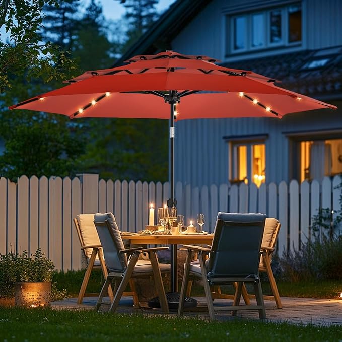 wikiwiki 9FT 3Tiers Solar Led Patio Umbrella, Sturdy Outdoor Market Umbrella for Deck, Pool, Garden w/Tilt, Crank, 32 LED Lights, Red