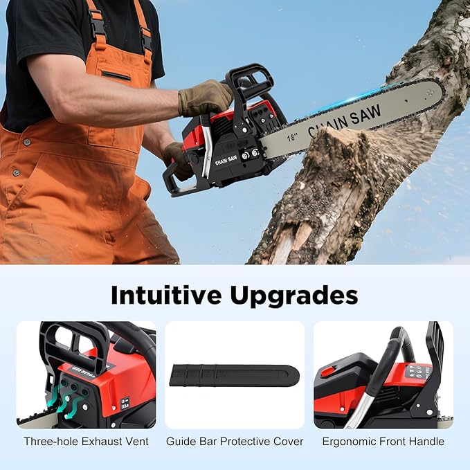 18 Inch Gasoline Chainsaw, 58cc 2-Stroke Handheld Gas Chainsaw with 2.2Kw Power, 12.5ft/s Chain Speed, 2-Stroke Engine, Dual Safety Switch for Wood Cutting, Garden Pruning, Tree Trimming