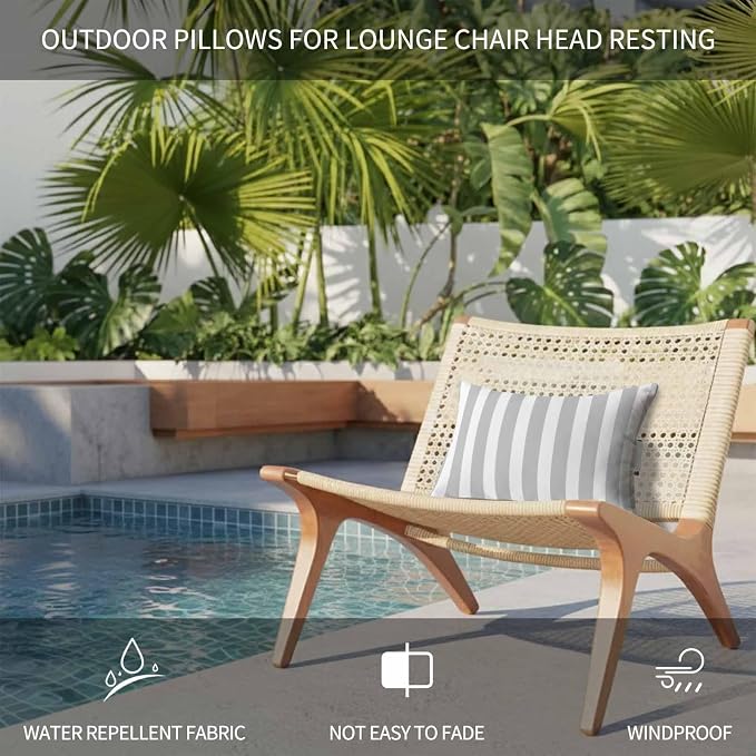 Grey Striped Outdoor Chaise Lounge Head Pillow with Insert,Modern Farmhouse Gray White Stripes Waterproof Headrest Lumbar Pillow Cusion Cover with Elastic Strap for Patio Beach Recliner,12"x20" 2PCS