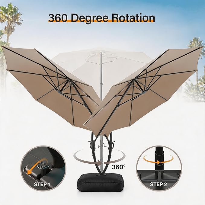 LAUSAINT HOME 11ft Patio Cantilever Umbrella with Base Included, Outdoor Curvy Round Offset Umbrella, Heavy Duty Aluminum, 360° Rotation for Pool, Deck, Lawn, Backyard (Beige)