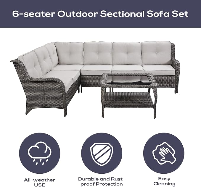 Belord Patio Furniture Set 6 Seats, Outdoor Swivel Rocker Patio Chairs, Oversized Outdoor Sectional Couch, Two 3-Seater Sofas with Coffee Table, Ideal for Porch, Deck, Mixed Grey Wicker/Beige