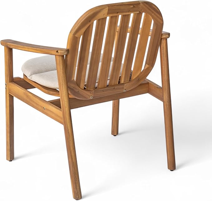 Christopher Knight Home Meja Acacia Wood Patio Dining Set for 4, Solid Wood Outdoor Dining Table Set for 4, Round Dining Table and Chairs Set of 4 with Cushion, Teak+Beige