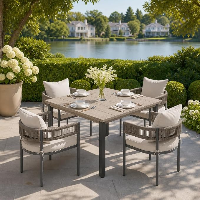 VICLLAX Patio Dining Set, 40.2" Grey Table & 4 Chairs with Wheat Cushion | Outdoor Table and Chairs Set of Square Metal Patio Table, Outdoor Dining Chairs with Metal Frame, Garden Deck Porch