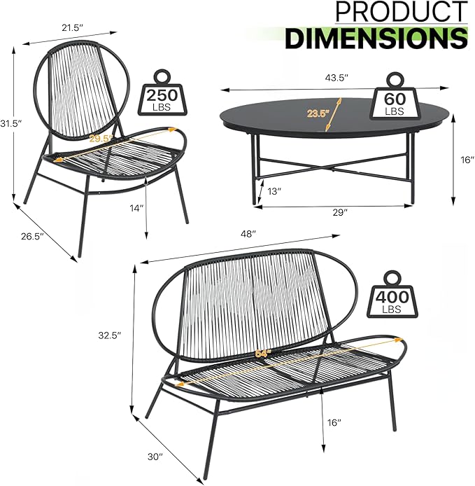 Magshion 4-Piece Outdoor Patio Furniture, All-Weather PE Rattan Wicker Loveseat and Chairs Conversation Set with Steel Coffee Table for Garden Backyard
