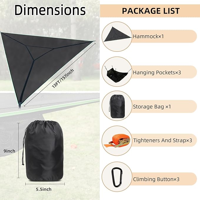 Triangle Hammock, 13ft Camping Hammock with 3 Ratchet Tie Down Straps and Storage Bag, 3 Point Hammocks Portable Max 800 Lbs for 2-3 Adult Kid, Multi Person Tree Hammock for Outside Travel