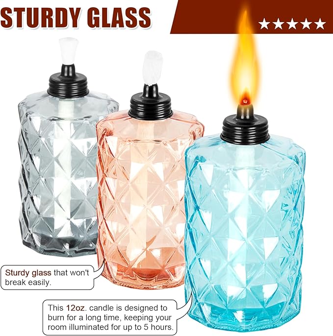 Nonley Glass Table Top Torches, 4 Pack Citronella Torches for Outside, 12oz Flame Light Torch,Refillable, Wick and Cap Included, Landscape Lanterns Torches for Garden Yard Patio Party Décor