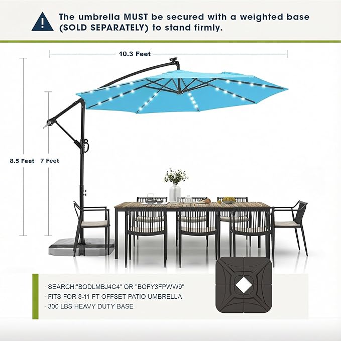 wikiwiki 10ft Solar LED Offset Patio Umbrella, Outdoor Cantilever Patio Umbrellas with Solor Lights for Backyard, Poolside and Garden, Easy Tilt Adjustment, 32 LED Lights & Polyester Shade, Sky Blue