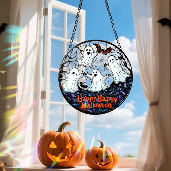 Acrylic Halloween Sun Catcher - 7.87 Inch Ghosts Round Suncatcher for Window Hanging Decoration - Creates Indoor Rainbows Light Refraction - Spooky Ghost, Witch, Pumpkin Design